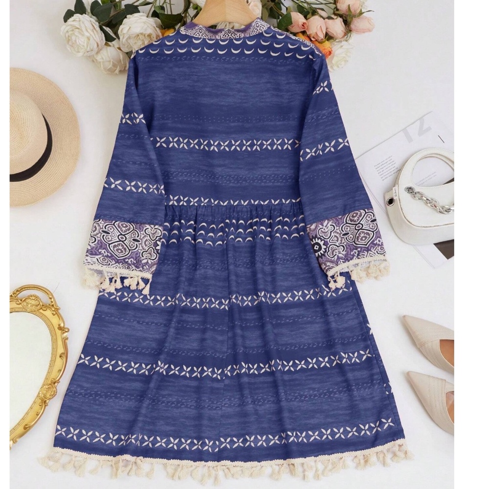 06 Boho Notched Neck Tassel 3/4 sleeve Mini Dress - Picture 3 of 6